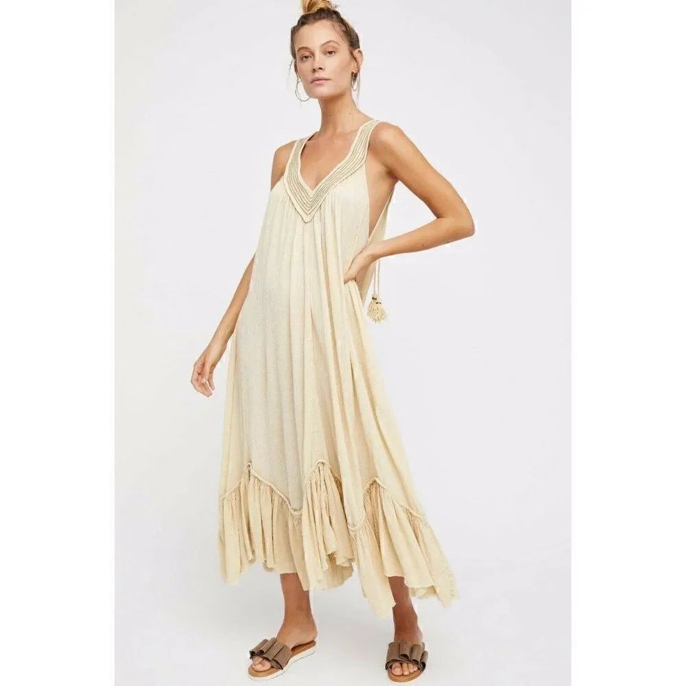 NEW FREE PEOPLE Sz S DREAMS OF BALI BEADED RUFFLE MAXI DRESS IN IVORY